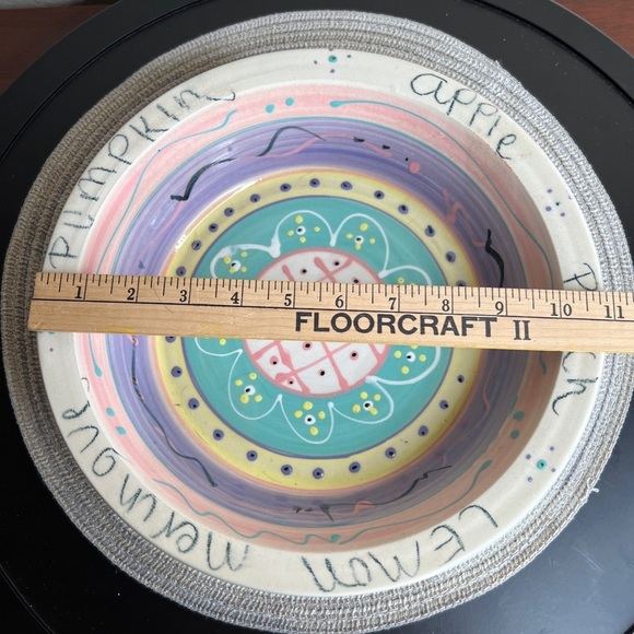 Whimsical Handmade Pottery Pie Deep Dish Plate Pan Hand Painted Apple Peach - Picture 2 of 11